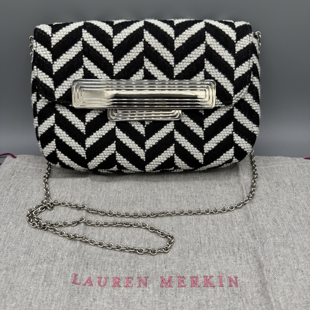 Lauren Merkin Chain Shoulder Bag Clutch Black White Chevron